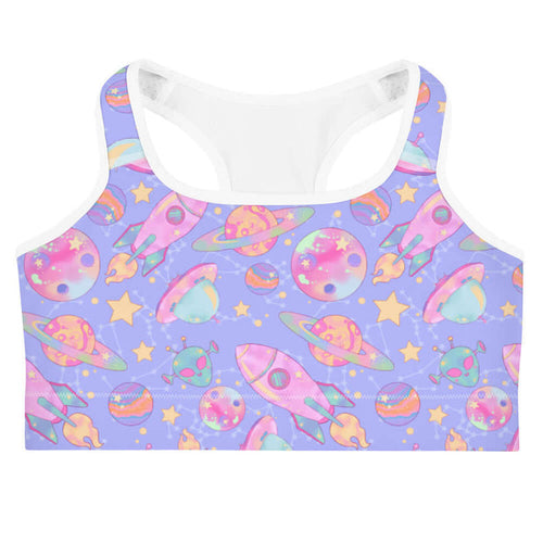 Space kawaii sports bra in lavender with pink rockets and ringed Saturns
