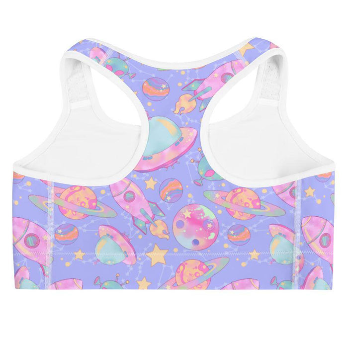 Space kawaii sports bra in lavender with mint flying saucers and cream stars
