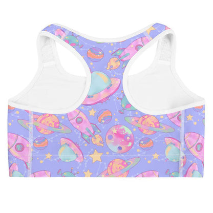 Space kawaii sports bra in lavender with mint flying saucers and cream stars