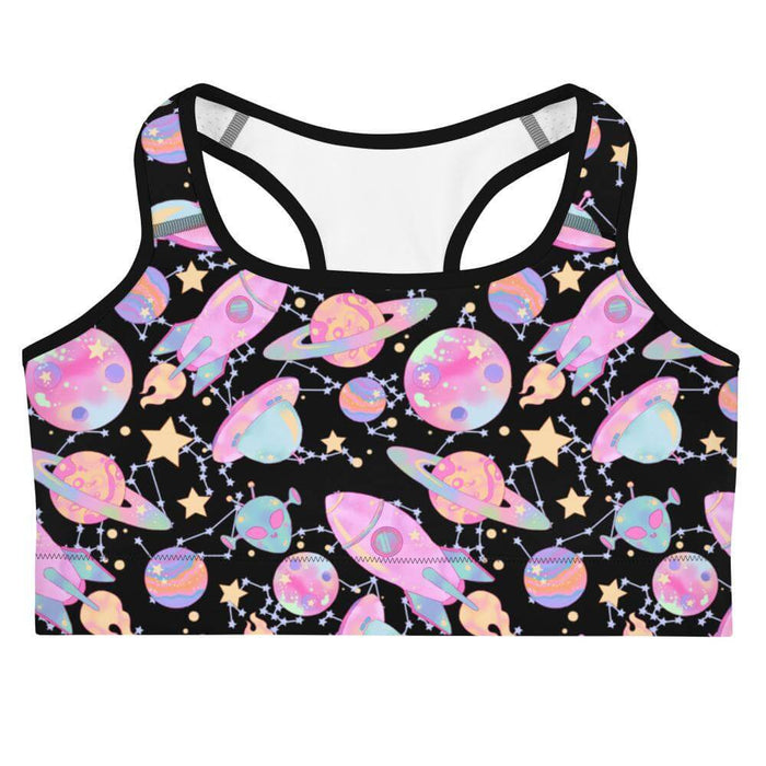 Space kawaii sports bra in lavender with rainbow-swirled planets and glowing orbs