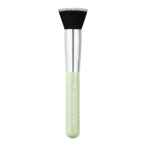 Avocado Zinc SPF Brush, a kabuki style brush with synthetic vegan fibres specifically designed for applying SPF products to the face to achieve a quick and easy, flawless finish. The handle is light green with Avocado Zinc's logo and name embossed in silver, and the bristles are black with white ends.