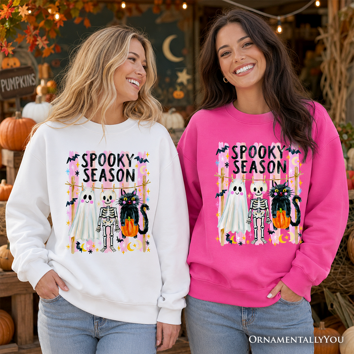 Spooky Season Ghost Skeleton Cat Sweatshirt, Colorful Halloween Costume Sweater