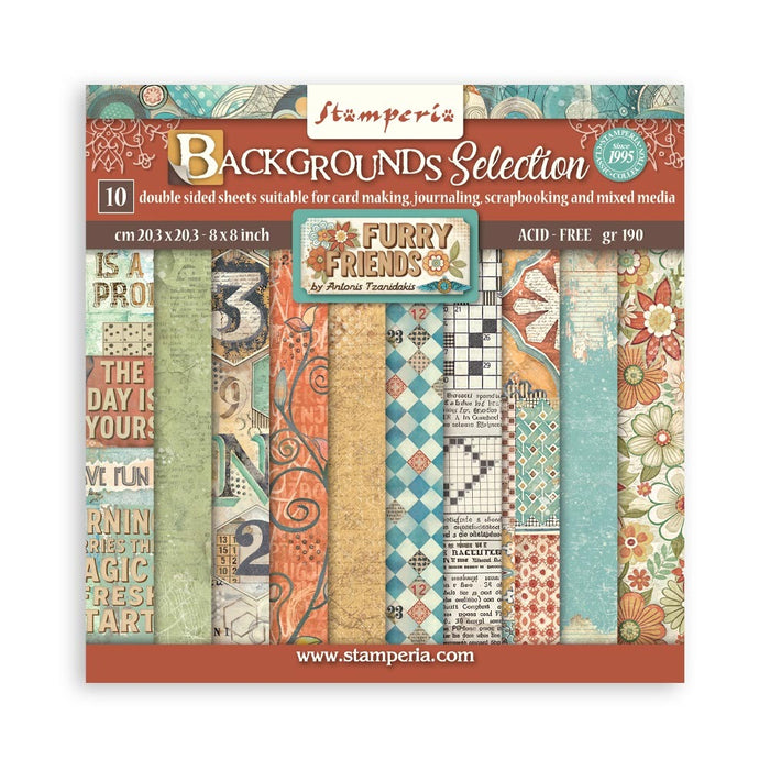 Stamperia - 8X8 Backgrounds Paper Pad - Furry Friends. Includes 10 Double Sided Sheets. Available at Embellish Away located in Bowmanville Ontario Canada.