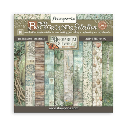 Stamperia - Backgrounds Double-Sided Paper Pad 12"X12" - 10/Pkg - Herbarium Silvae. Available at embellish Away located in Bowmanville Ontario Canada.