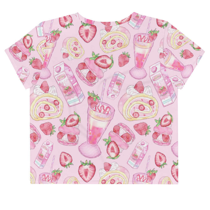 Pink kawaii Strawberry crop top with heart-cut strawberries and macarons