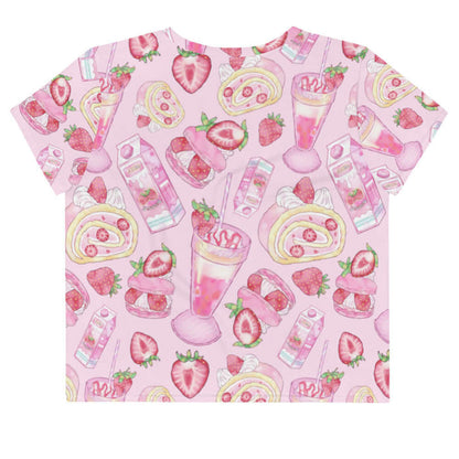 Pink kawaii Strawberry crop top with heart-cut strawberries and macarons