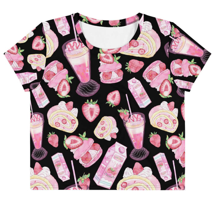Pink kawaii Strawberry crop top with roll cake slices and milkshakes