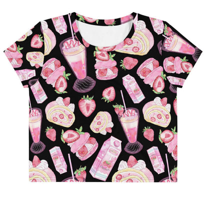 Pink kawaii Strawberry crop top with roll cake slices and milkshakes