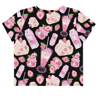 Pink kawaii Strawberry crop top with macarons and milkshakes