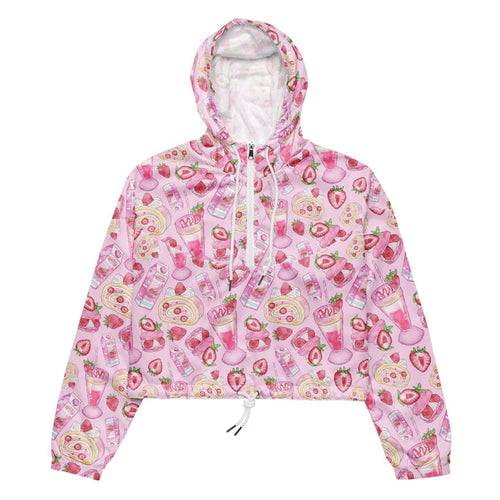 Pink kawaii Strawberry cropped windbreaker with strawberry milkshakes and roll cakes