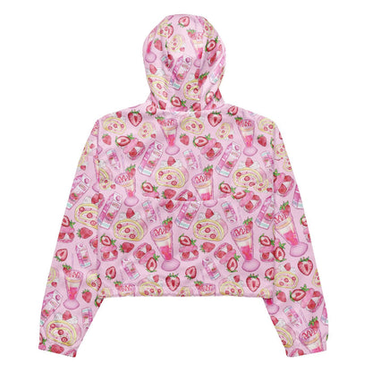 Pink kawaii Strawberry cropped windbreaker with strawberry milkshakes and macarons