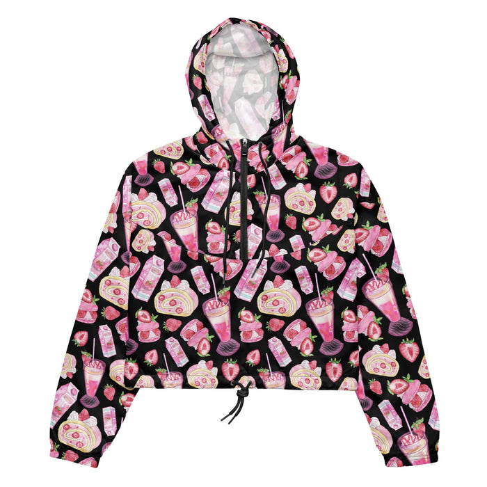 Pink kawaii Strawberry cropped windbreaker with strawberry milkshakes and milk cartons