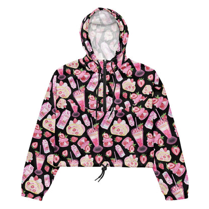 Pink kawaii Strawberry cropped windbreaker with strawberry milkshakes and milk cartons