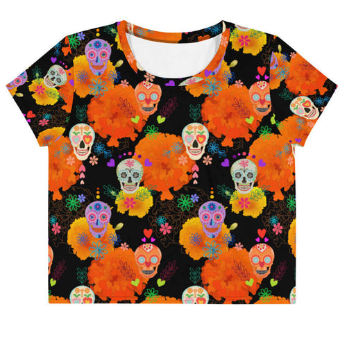 Sugar Skull kawaii crop top with calaveras and orange marigolds on black