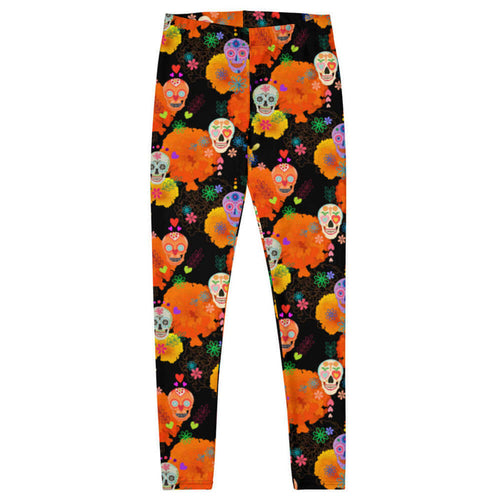 Sugar Skull kawaii leggings with calaveras and orange marigolds on black