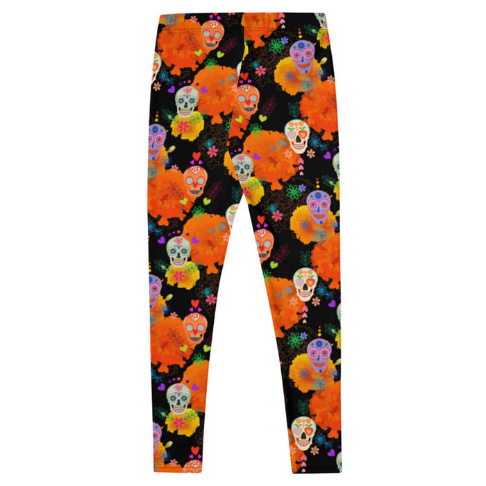 Sugar Skull kawaii leggings with sugar skulls and marigold petals on black