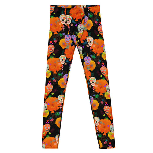 Sugar Skull alternative men's leggings with sugar skulls and marigold petals on black
