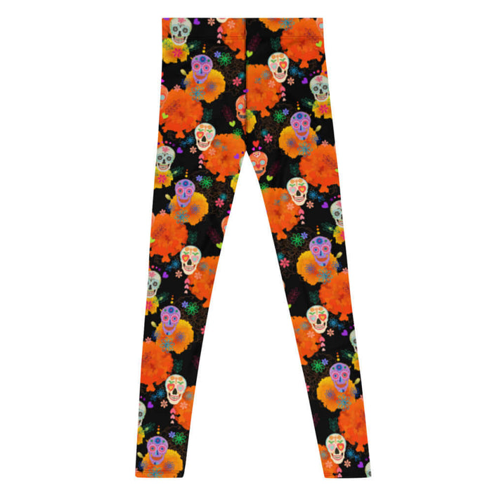 Sugar Skull alternative men's leggings with flower-crowned skulls and bright hearts on black