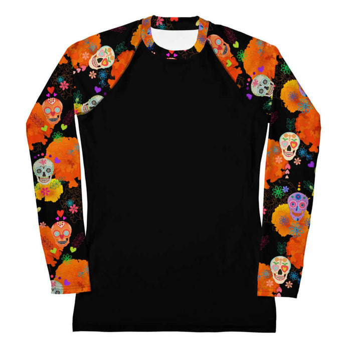 Sugar Skull kawaii rash guard with flower-crowned skulls and bright hearts on black