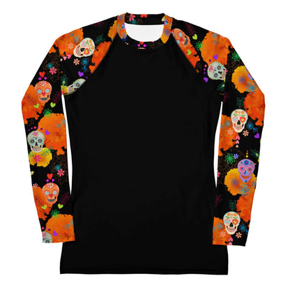 Sugar Skull kawaii rash guard with flower-crowned skulls and bright hearts on black