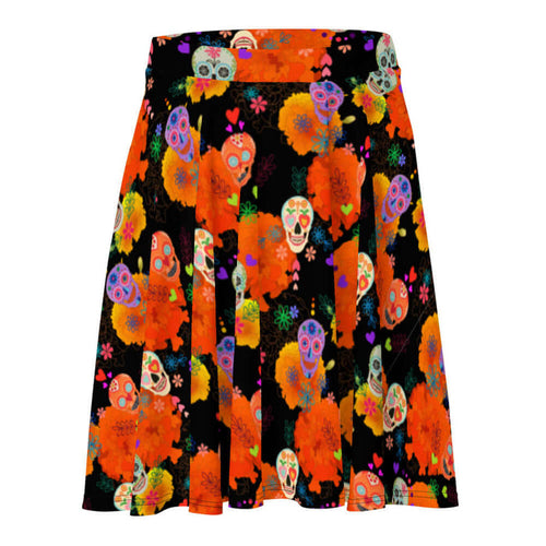 Sugar Skull kawaii skater skirt with calaveras and orange marigolds on black