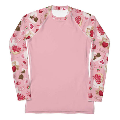 Sugar Sweetheart kawaii rash guard in pastel pink with satin-bowed chocolate bars and love-note lollipops