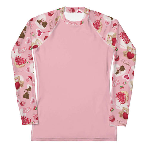 Sugar Sweetheart kawaii rash guard in pastel pink with satin-bowed chocolate bars and love-note lollipops