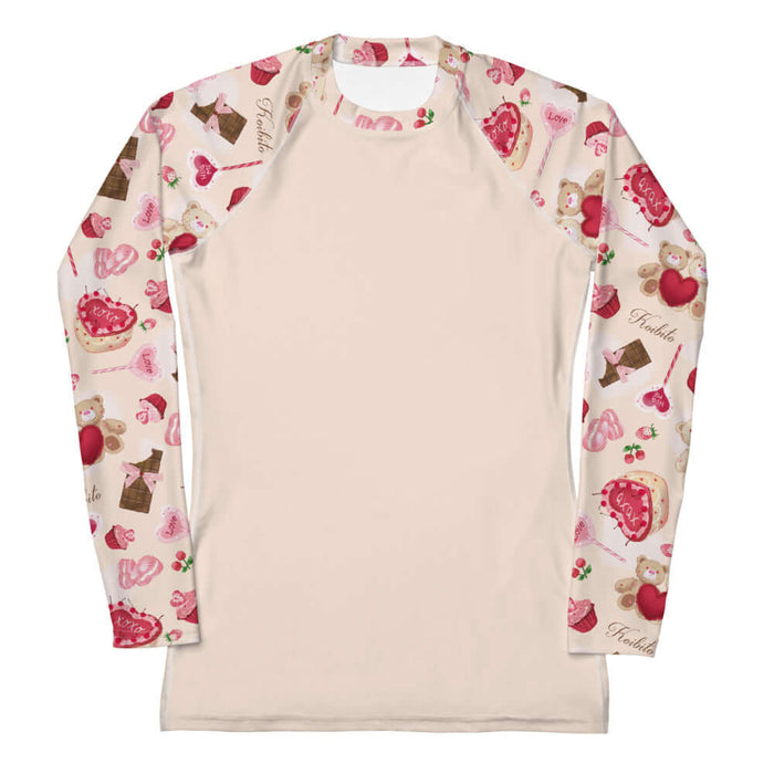 Sugar Sweetheart kawaii rash guard with lace doily hearts and paired cherries