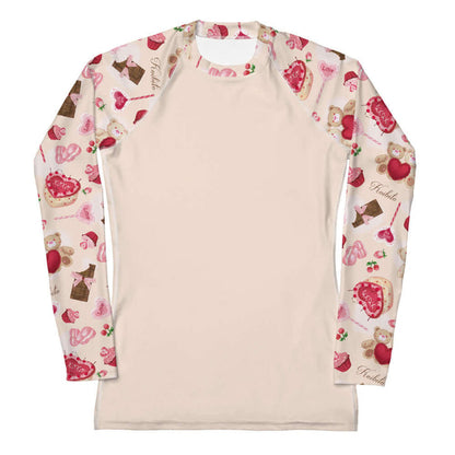 Sugar Sweetheart kawaii rash guard with lace doily hearts and paired cherries
