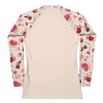 Sugar Sweetheart kawaii rash guard with hugging teddy bears and XOXO heart cakes