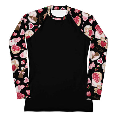 Sugar Sweetheart kawaii rash guard with ribbon-tied chocolate bars and strawberries