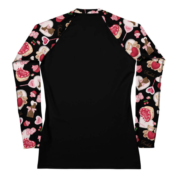 Sugar Sweetheart kawaii rash guard in black with heart-shaped macarons and paired cherries