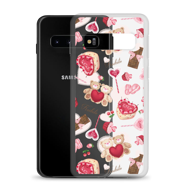 Sugar Sweetheart kawaii Samsung clear case with XOXO heart cakes and heart-shaped macarons