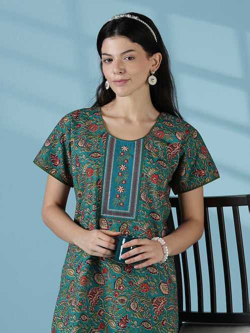 Teal a-line floral 100% pure cotton nightwear for women