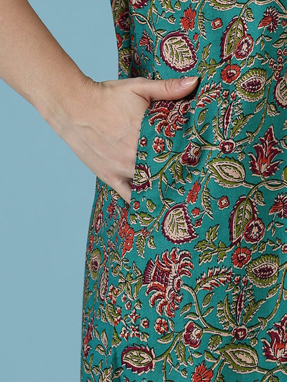 Teal a-line floral 100% pure cotton nightwear for women