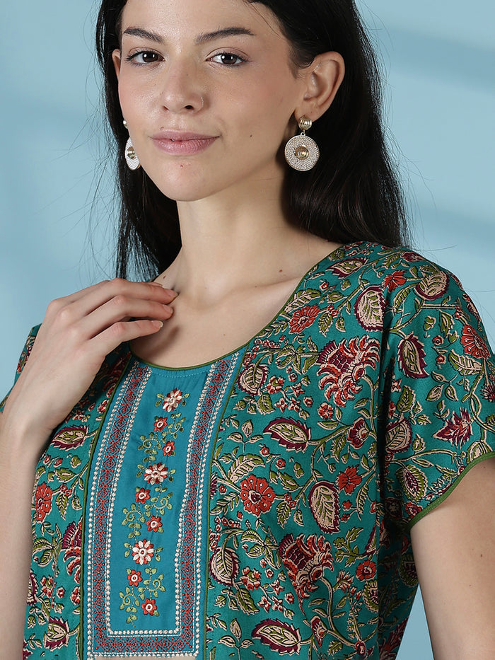 Teal a-line floral 100% pure cotton nightwear for women