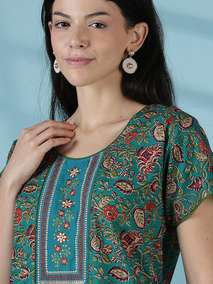 Teal a-line floral 100% pure cotton nightwear for women