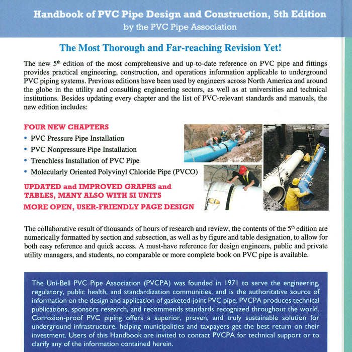 Back cover of The Handbook of PVC Pipe Design and Construction 5th Edition describing new chapters and features with installation photos