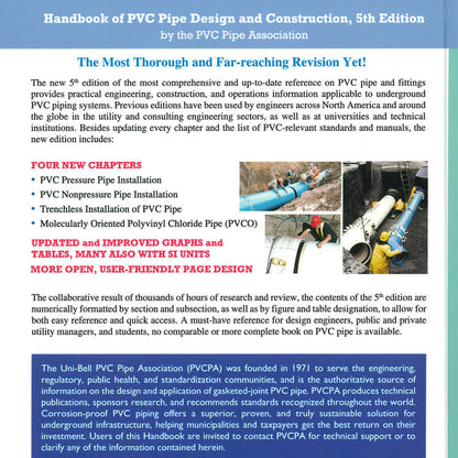 Back cover of The Handbook of PVC Pipe Design and Construction 5th Edition describing new chapters and features with installation photos
