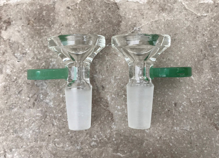 Thick Clear Glass 14mm Male Herb Slide Bowl with Jade Disc Handle (2 Pack)