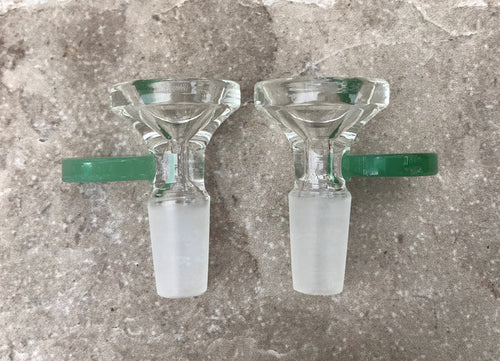 Thick Clear Glass 14mm Male Herb Slide Bowl with Jade Disc Handle (2 Pack)