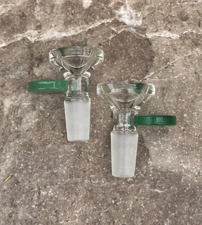 Thick Clear Glass 14mm Male Herb Slide Bowl with Jade Disc Handle (2 Pack)