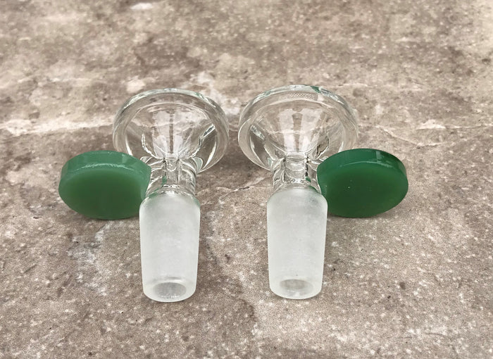 Thick Clear Glass 14mm Male Herb Slide Bowl with Jade Disc Handle (2 Pack)
