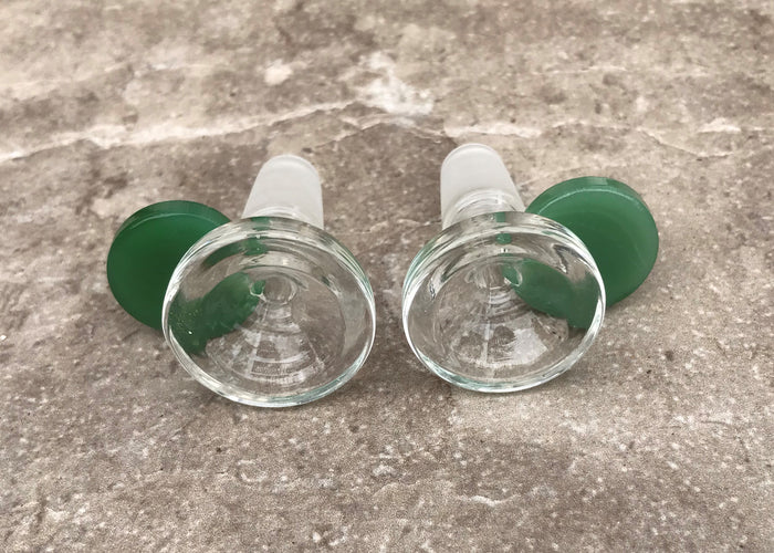 Thick Clear Glass 14mm Male Herb Slide Bowl with Jade Disc Handle (2 Pack)