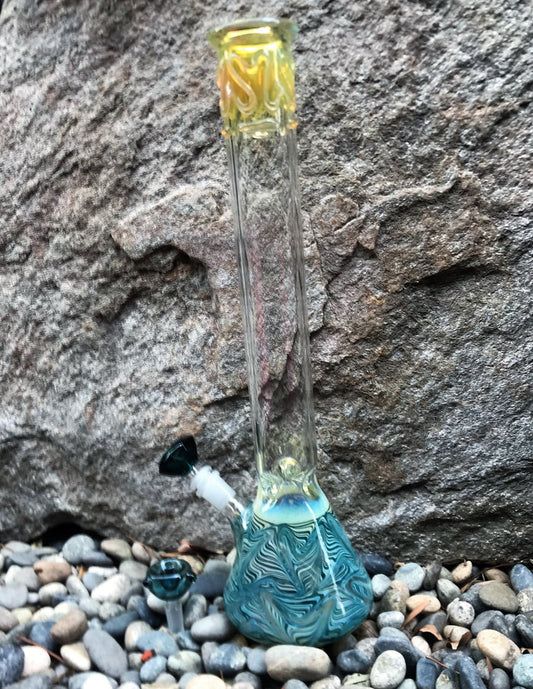 Thick Fumed Glass Beaker 18" Bong 14mm Diamond Bowl + Extra bowl - Aquamarina
