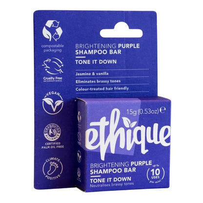 Ethique brightening purple shampoo bar packaging on a white background