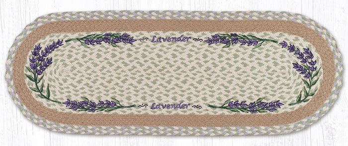 Table Runner with lavender border design made from braided jute.