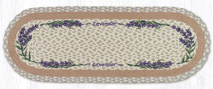 Table Runner with lavender border design made from braided jute.
