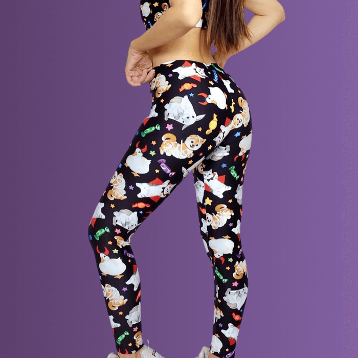 Trick or Treaters alternative leggings with mummy puppies and wrapped candy