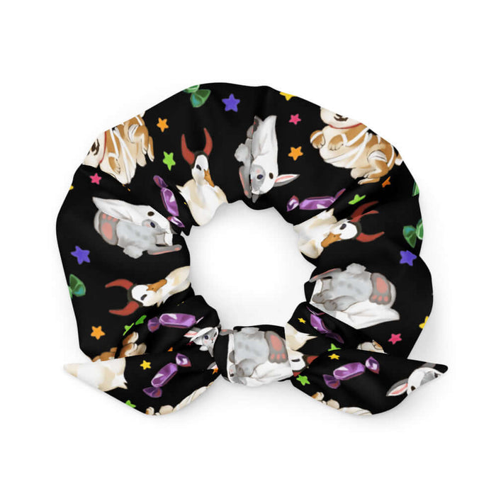 Trick or Treaters alternative scrunchie with devil-horned ducks and gold stars